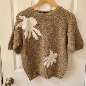 David Brett Med Taupe Womens Sweater with White Floral Accents